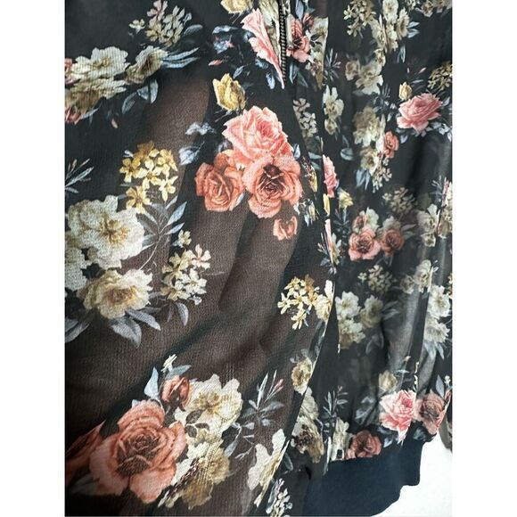 Stradivarius Chaqueta Bomber Floral Print Size M Black Pink Zip Transparent - Picture 3 of 10